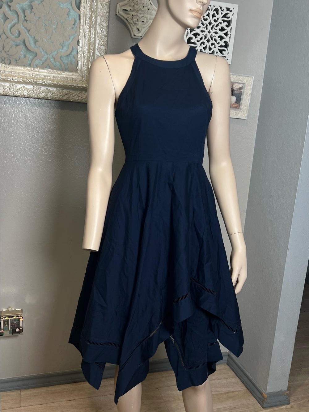 Eliza J Navy Halter Handkerchief Hem Dress